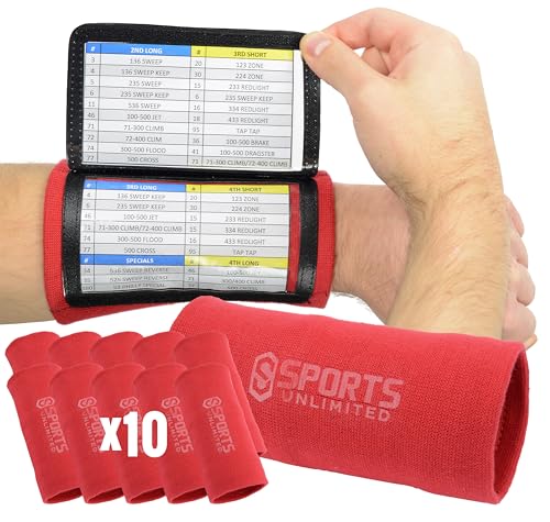 Sports Unlimited Adult Triple Wrist Coach, Football Wristbands for Plays, Baseball Wristbands, QB Arm Bands - color: Scarlet, size: 10 Pack