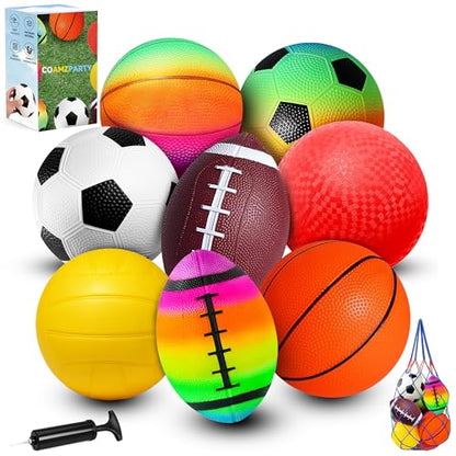 8 Pack Balls for Toddlers Kids, 5 Inch Soccer Balls, Football, Basketball, Beach Balls, Kickball for Outdoor & Indoor Games, Sport Ball Set with Pump and Storage Bag, Boys and Girls Gift