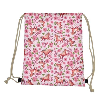 Mumeson Floral Leaves Drawstring Bag Printed Satchel Bag Zipper Closure Backpack Shoulder Bag with Polyester - color: Floral Horse