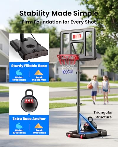 IGL 44" Portable Basketball Hoop Outdoor, 5.6-10FT Adjustable Height, Shatterproof PC Backboard, Fillable Base & Ball Weight - Basketball Goal for Backyard Driveway, Fun for Kids Teens Adults Family