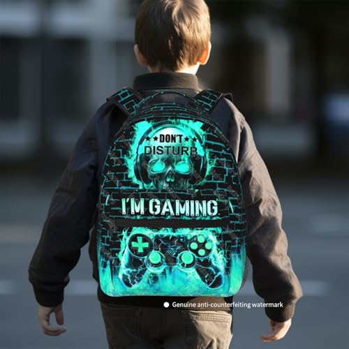 Video Game Backpack for Boys School Backpack for Kids Children Teens Elementary Middle School - Students Bookbag Ages 6-18, Waterproof Adjustable Game Bookbag Travel Daypack - color: Green Skull Game