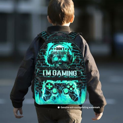 Video Game Backpack for Boys School Backpack for Kids Children Teens Elementary Middle School - Students Bookbag Ages 6-18, Waterproof Adjustable Game Bookbag Travel Daypack - color: Green Skull Game