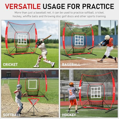 7x7 ft Baseball Net for Batting Pitching Hitting, Softball Pitching Net with Strike Zone, Tee, Ball Caddy, Softball Batting Net Baseball Training Equipment for Kids Adult Youth Sport Practice - color: Red