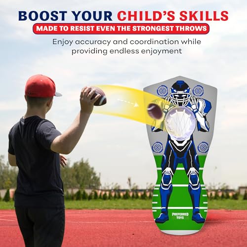 Preferred Toys 65” Inflatable Football Target Net Toss Game - Double-Sided Throwing Practice Football Stuff with Mini Balls - Backyard Tailgate Party Sports Toy for Kids & Adults - color: Robot Red/Blue