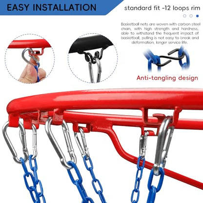 Basketball Net Heavy Duty Replacement,Carbon Steel Chain Basketball net, Anti-Rust Use Indoor Outdoor Standard 12 Loops Hoop - color: Blue