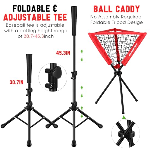7x7' Baseball & Softball Net for Batting Pitching Hitting - Large Ball Collection System, Portable Baseball Training Equipment with Strike Zone, Tee, Ball Caddy, for Adult Sport,Youth Practice