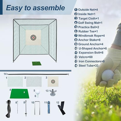10x10 FT Golf Practice Net Cage, Golf Driving Nets for Backyard w/Netting Enclosure Target Cloth, Steel Frame Swing Practice Mat for Full Swing and Chipping Indoor Outdoor