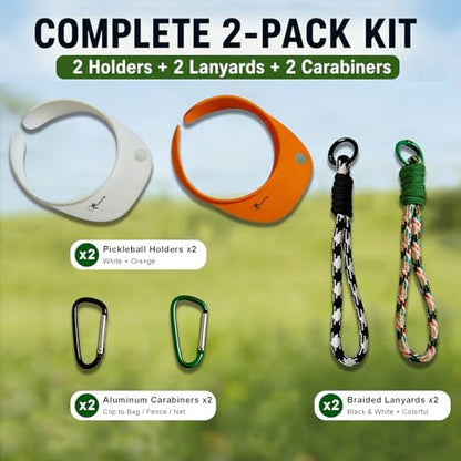 2 Pack Pickleball Ball Holder Clips, with Lanyards and Carabiners, Cap-Style Pickleball Bag Accessories for Fence, Net Post, Backpack and Paddle Bag, Orange and White