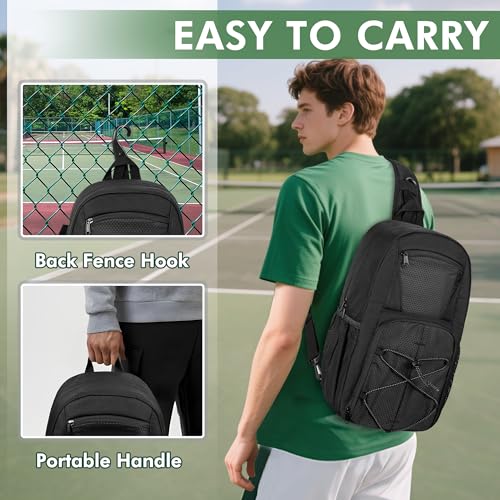 GOBUROS Pickleball Sling Bag for 2 Paddles, Pickleball Crossbody Backpack with Multiple Pockets and Hanging Fence Hook for Men and Women