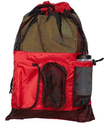 Sporti Swimming Equipment Bag Zipper Pocket, Mesh Drawstring Backpack, Drawstring Bags, Big Mesh Backpack for Workout Gear - color: Equipment - Red, style: 4. Two Shoulders & Pockets