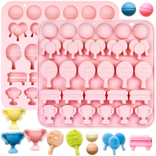 2 Pack Ping-pong Chocolate Mold, 56 Cavities Table Tennis Ball Silicone Candy Molds Trophy Cup Table Tennis Ball Racket Ice Cube Molds for Fondant Jello Baking Craft Cupcake Decor (Pink,Ping-pong) - color: Pink,Ping-pong
