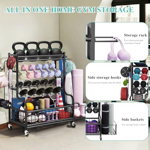 Dumbbell Rack, Weight Rack for Kettlebells, Storage Holder for Yoga and Workout Equipment, Home Gym Storage Rack with Wheels,Hooks and Mesh Top