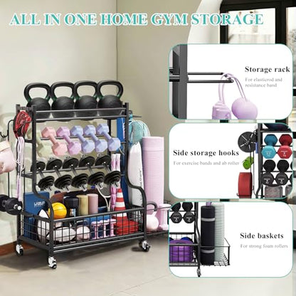 Dumbbell Rack, Weight Rack for Kettlebells, Storage Holder for Yoga and Workout Equipment, Home Gym Storage Rack with Wheels,Hooks and Mesh Top