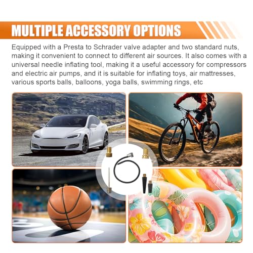 24.7" Tire Inflator Hose Adapter with 360° Rotating End, Tire Inflation Hose Lock on Air Chuck for Quick Connect & Release, Presta Valve Ball Needle, Portable Air Compressor, Tire Pump Hose