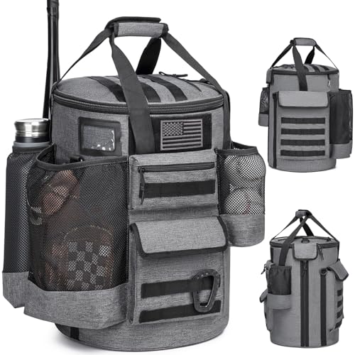 Baseball Bucket Bag Baseball Coaching Accessories Organizer Tactical Style Softball Bucket Bag with Anti-Slip Bottom, Multiple Pockets for Bat, Gloves, Scoreboards - color: Black+Grey