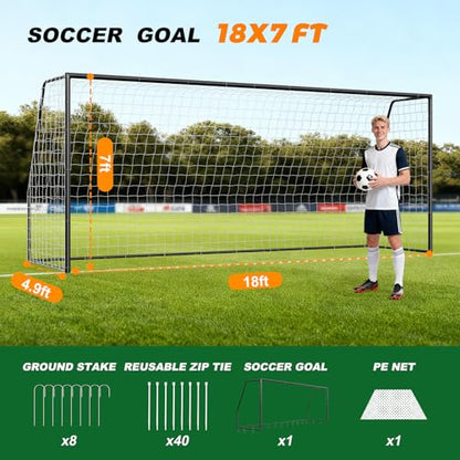NAIZEA Soccer Goals - 24x8/21x7/18x7/12x6/16x7/10x6/8x6/6x4FT Soccer Goals for Backyard Training- Portable Metal Soccer Net for Youth & Adults - Heavy Duty Steel for Indoor Outdoor Games & Practice - size: 18ft x 7ft, style: Trainer-Black/Steel