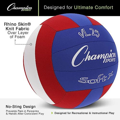 Champion Sports Fabric Volleyball with No-Sting Cover, Indoor - Soft Volleyballs for Beginners - Red/Blue