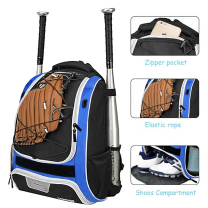 LARIPOP Youth Baseball Bag, Bat Backpack with Fence Hook & Separate Shoe Compartment, Waterproof Equipment Bag for Baseball, T-Ball & Softball - color: Blue White