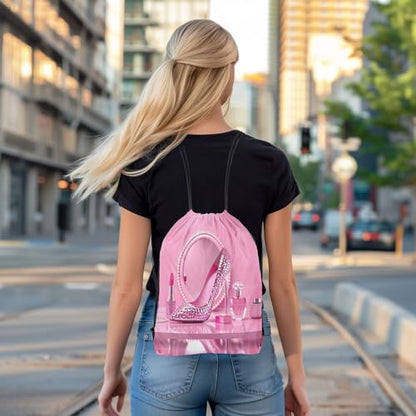 Castle Fairy Pink High Heel Drawstring Gym Bag,Rose Lipstick Foldable Waterproof Drawstring Backpack,Valentine'S Day Draw String Back Bags for Shopping,Swimming,Beach,Pink Rose - color: Pink Rose