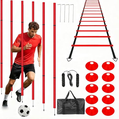 Soccer Agility Training Equipment, 6 Adjustable Soccer Training Agility Poles, 1 Speed Agility Ladder,10 Soccer Agility Cones for Training, 1 Jump Rope + Storage Bag for Youth Soccer Drills - color: red