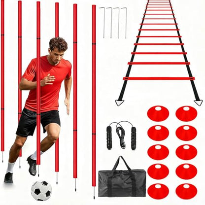 Soccer Agility Training Equipment, 6 Adjustable Soccer Training Agility Poles, 1 Speed Agility Ladder,10 Soccer Agility Cones for Training, 1 Jump Rope + Storage Bag for Youth Soccer Drills - color: red