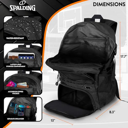 Spalding Basketball Backpack Sports Bag | Large Black Backpack with Shoe and Ball Compartment | Gifts for Basketball Players - color: Black