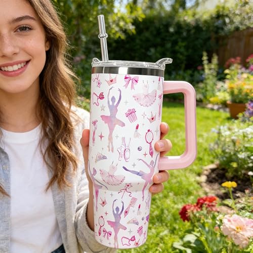 Ceovfoi 40oz Tumbler with Handle，Lid & Straw Vacuum Insulated Travel Coffee Mug, Ballet Gifts for Girls Women, Ballerina Dance Lover Appreciation Gift - color: Ballet
