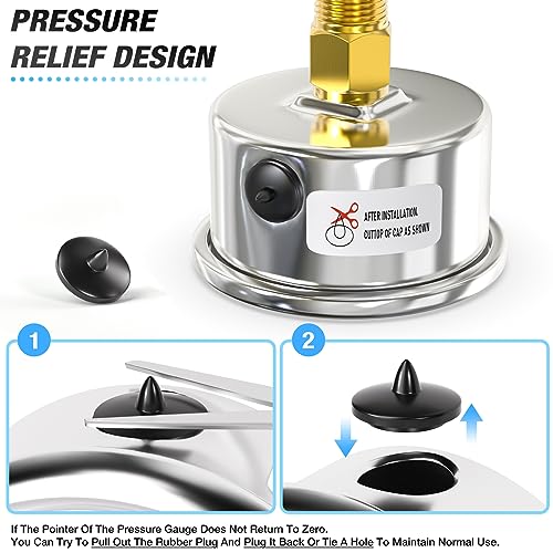0~15Psi Dry Low Pressure Gauge Stainless Steel 1/4" NPT 2" FACE DIAL Waterproof for Water Oil Air Well Pump Tank Tire Pressure Test Back Mount, with 1/2" NPT and 3/8" NPT Hex Bushing - size: 0-15Psi