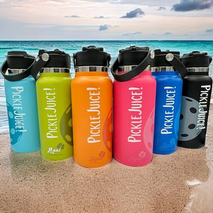 Maui Pickleball Co.™ Pickleball Water Bottle 32oz Insulated Stainless Steel Water Bottle PickleBall Accessories Pickleball Gifts Sip/Swig Lid with Carry Handle - color: Black Lava Sip/Swig