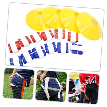ibasenice Youth Flag Football Belt Set Adjustable Rugby Waist Belts with 10 White Straps, 30 Flags, 4 Marker Cones and Black Drawstring Bag for Football Game Training and Competition