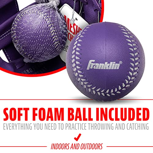 Franklin Sports Kids Baseball Glove + Foam Ball Sets - Meshtek Youth Teeball Gloves for Kids + Toddlers - Left + Right Hand Throw - 9.5" Inch - color: Purple/Chrome