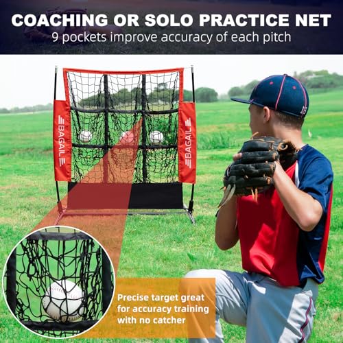 BAGAIL Baseball and Softball Pitching Net, 9 Pocket Pitching Net, Portable Pitching Target Net for Backyard with Carry Bag