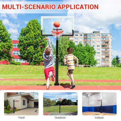 GarveeTech In Ground Basketball System Outdoor, 8-10ft Quick Adjustable Basketball Hoop ＆Goal with 55" Shatterproof Tempered Glass Backboard,