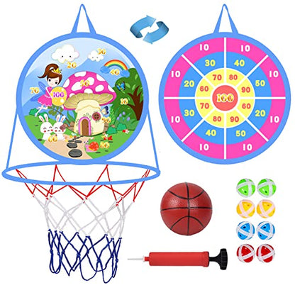2 in 1 Basketball Hoop and Dart Board, 14" Dart Board for Kids, Basketball Hoop for Kids Toddlers, Sports & Outdoor Play, Birthday Gift Toys for 3 4 5 6 7 8 9 10 Year Old Boys Girls Kids, Party Favors - style: 2 in 1 Pink Fairy Theme