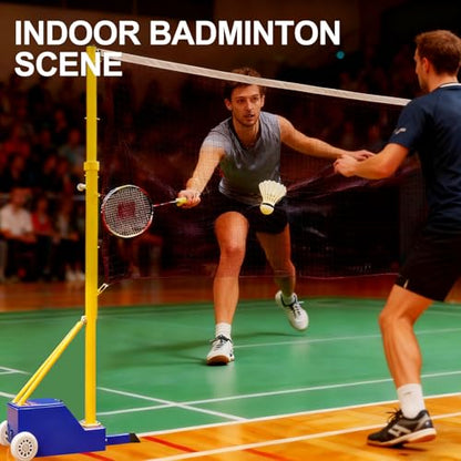 Portable Volleyball Poles,Blue Badminton Stand,Volleyball Net Outdoor with Wheels,Height Adjustable 5-6.9ft,Heavy Duty Steel Base,with Volleyball Net/Badminton Net,for Backyard Beach Indoor Outdoor