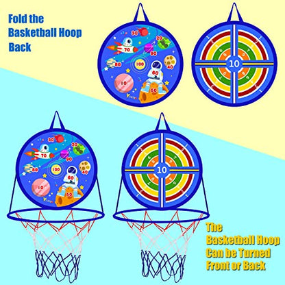 2 in 1 Basketball Hoop and Dart Board, 14" Dart Board for Kids, Basketball Hoop for Kids Toddlers, Sports & Outdoor Play, Birthday Gift Toys for 3 4 5 6 7 8 9 10 Year Old Boys Girls Kids, Party Favors - style: 2 in 1 Blue Outer Space Theme