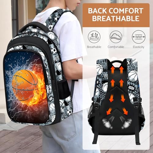 School Backpack for Boys - Basketball Boys Backpack for Kids Children Teens Elementary Middle School - 17″ Sport Bookbag Travel Back Pack for Age 6-18