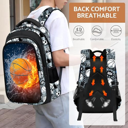 School Backpack for Boys - Basketball Boys Backpack for Kids Children Teens Elementary Middle School - 17″ Sport Bookbag Travel Back Pack for Age 6-18