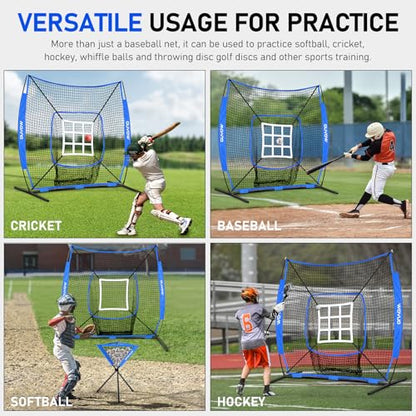 7x7 ft Baseball Net for Batting Pitching Hitting, Softball Pitching Net with Strike Zone, Tee, Ball Caddy, Softball Batting Net Baseball Training Equipment for Kids Adult Youth Sport Practice - color: Blue