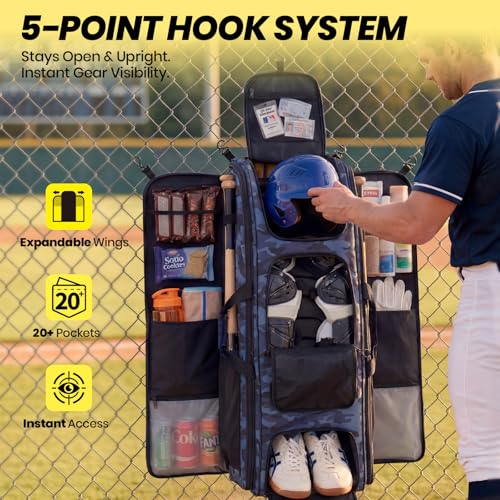 100L Rolling Catchers Gear Bag for Baseball Softball, Tactical Strike Edition, Fits Full Set & 8 Bats, All-Terrain Wheels, Stand-Up Base, Vented Shoe Zone, Reflective Strip, Fence Hooks