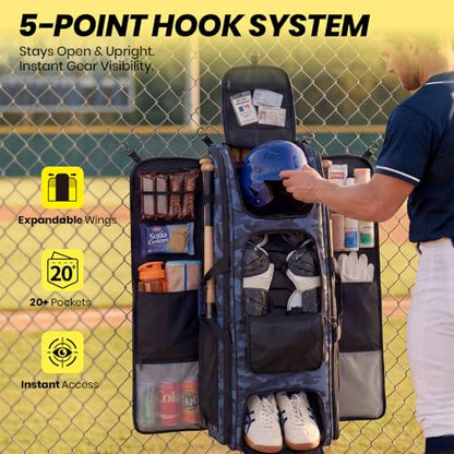 100L Rolling Catchers Gear Bag for Baseball Softball, Tactical Strike Edition, Fits Full Set & 8 Bats, All-Terrain Wheels, Stand-Up Base, Vented Shoe Zone, Reflective Strip, Fence Hooks