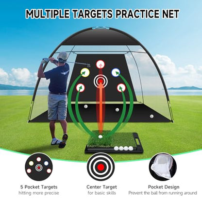 Golf Net: 10x7ft Golf Hitting Practice Net for Use，with Heavy-Duty Base Dual-Turf Mat，Suitable for Various Indoor and Outdoor Scenarios，Scenes Such As Garages, Backyards, Sandy Areas, Lawns, Etc