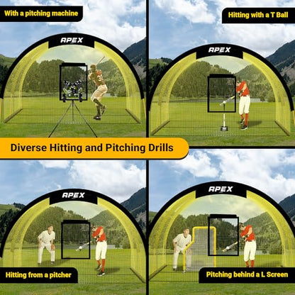 Apex Sports Portable 22ft x 12ft x 8ft Baseball & Softball Batting Cage with Pitching Machine Hole, 3ply 1.25'' Yellow Netting, Secure Steel Poles, 12.7MM Fibreglass Poles, Carry Bag Included