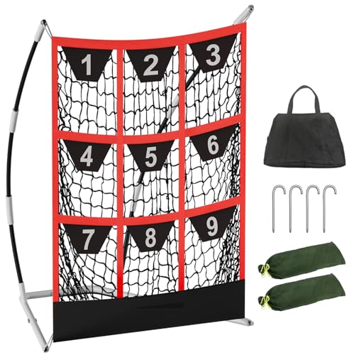 Queension 9 Hole Pitching Target Net with Strike Zone, Baseball Batting Net with Target Pockets, Pitching Net with Ground Stakes and Sandbags for Baseball Training - color: White