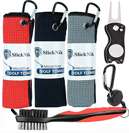 Golf Towel Pack - 3 Microfiber Waffle Pattern Golf Towels Including Golf Club Brush and Groove Cleaner Divot Repair Tool - color: Red
