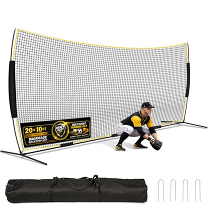 Barricade Backstop Net, 12x9 ft/ 16x10 ft/ 20x10 ft Ball Stop Netting with Carry Bag & Ground Stakes, Quick Setup, Portable, Perfect for Lacrosse, Baseball, Basketball, Soccer - size: 20x10 ft