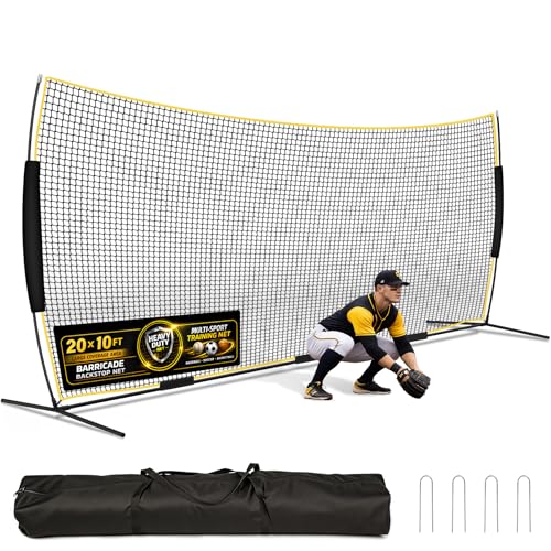 Barricade Backstop Net, 12x9 ft/ 16x10 ft/ 20x10 ft Ball Stop Netting with Carry Bag & Ground Stakes, Quick Setup, Portable, Perfect for Lacrosse, Baseball, Basketball, Soccer - size: 20x10 ft