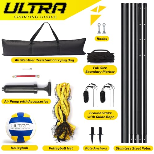 Volleyball Net for Backyard, Beach, Home, Includes 32x3 Ft Regulation Size Net, 8.5-Inch PU Volleyball, Carrying Bag, Boundary Lines, Steel Poles & Pump, Portable Volleyball Net Outdoor and Indoor