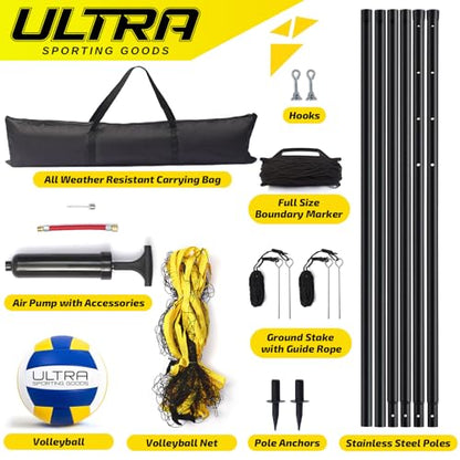 Volleyball Net for Backyard, Beach, Home, Includes 32x3 Ft Regulation Size Net, 8.5-Inch PU Volleyball, Carrying Bag, Boundary Lines, Steel Poles & Pump, Portable Volleyball Net Outdoor and Indoor