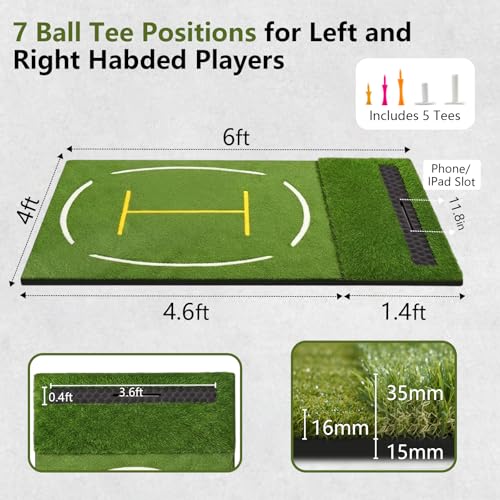 Upgraded Golf Hitting Mat, Dual Turf Golf Practice Mat with Alignment Guide Lines,Ball Tray, Non Slip Rubber Base & EVA Cushion - size: 6x4ft 1.22"